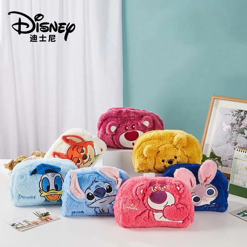 Disney Fluffy Plush Cosmetic Bag Large Capacity Travel Makeup Pouch Cute Cartoon Storage Bag for Skincare Stationery