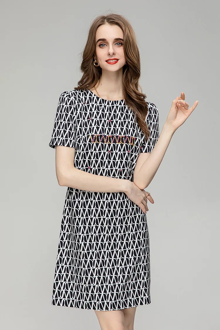 New Fashion Designer Summer Elegant Simplicity Women's O-Neck Short Sleeve Diamond Geometric Print Mini Dress