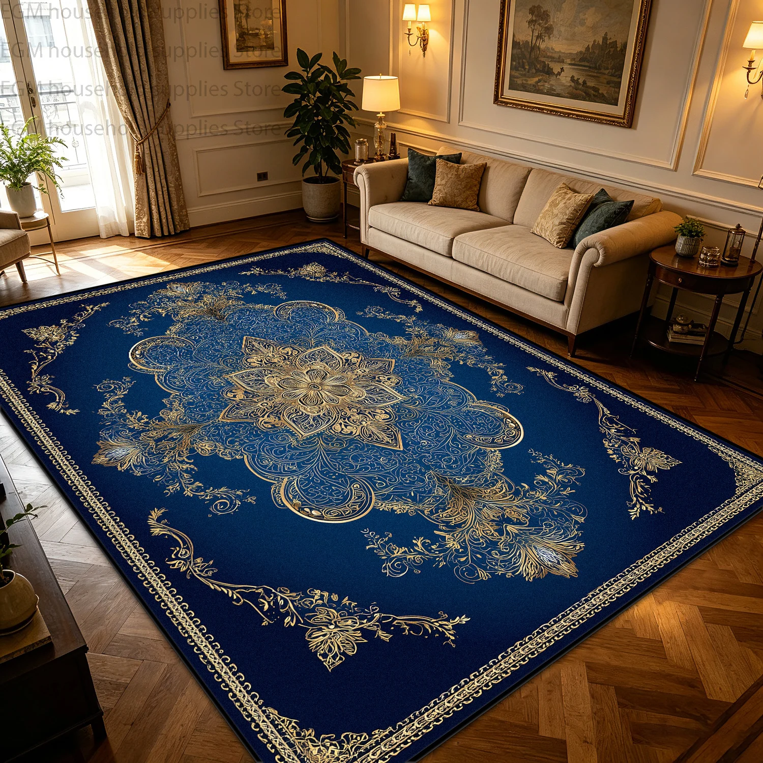Blue Gold Luxury European Area Rug Classic Bedroom Carpet for Living Room Decor Washable Non-slip Fluffy Coffee Store Floor Mats