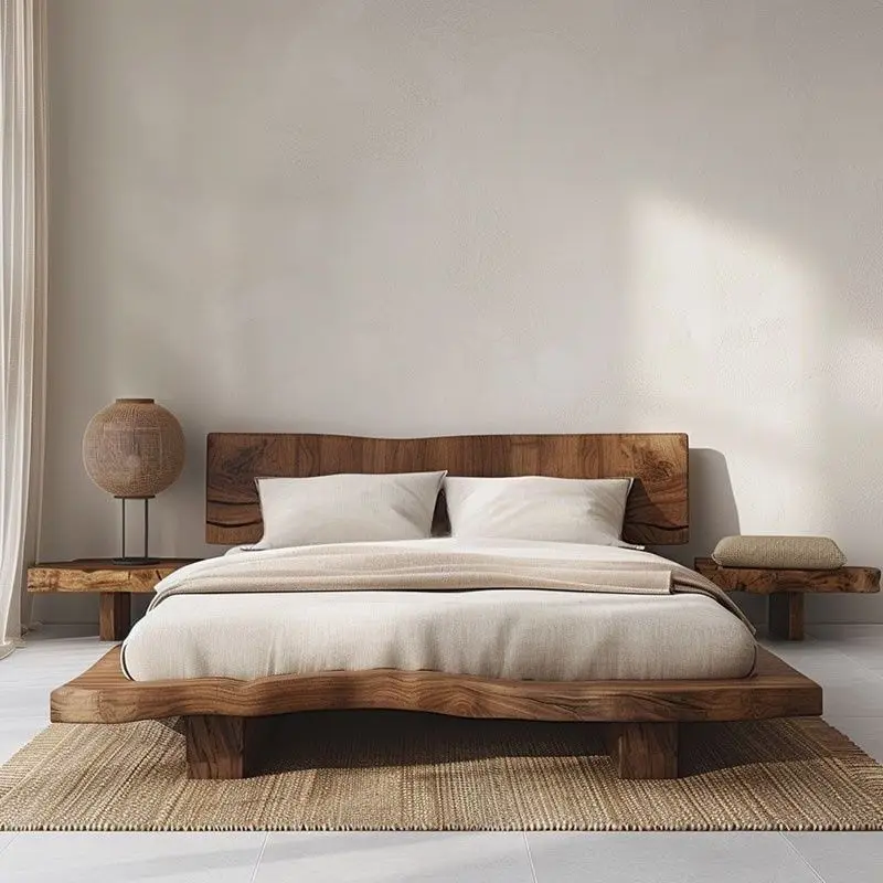 Full solid wood bed log wind modern simple wabi-sabi wind double