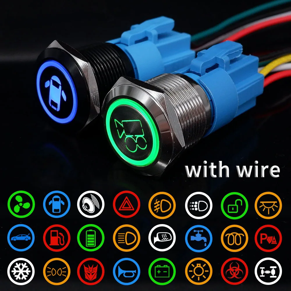 16/19/22mm niestandardowy metalowy przełącznik wciskany z drutem laserowy świecący wodoodporny zatrzask chwilowy 12V 220V 5V przełącznik motocyklowy