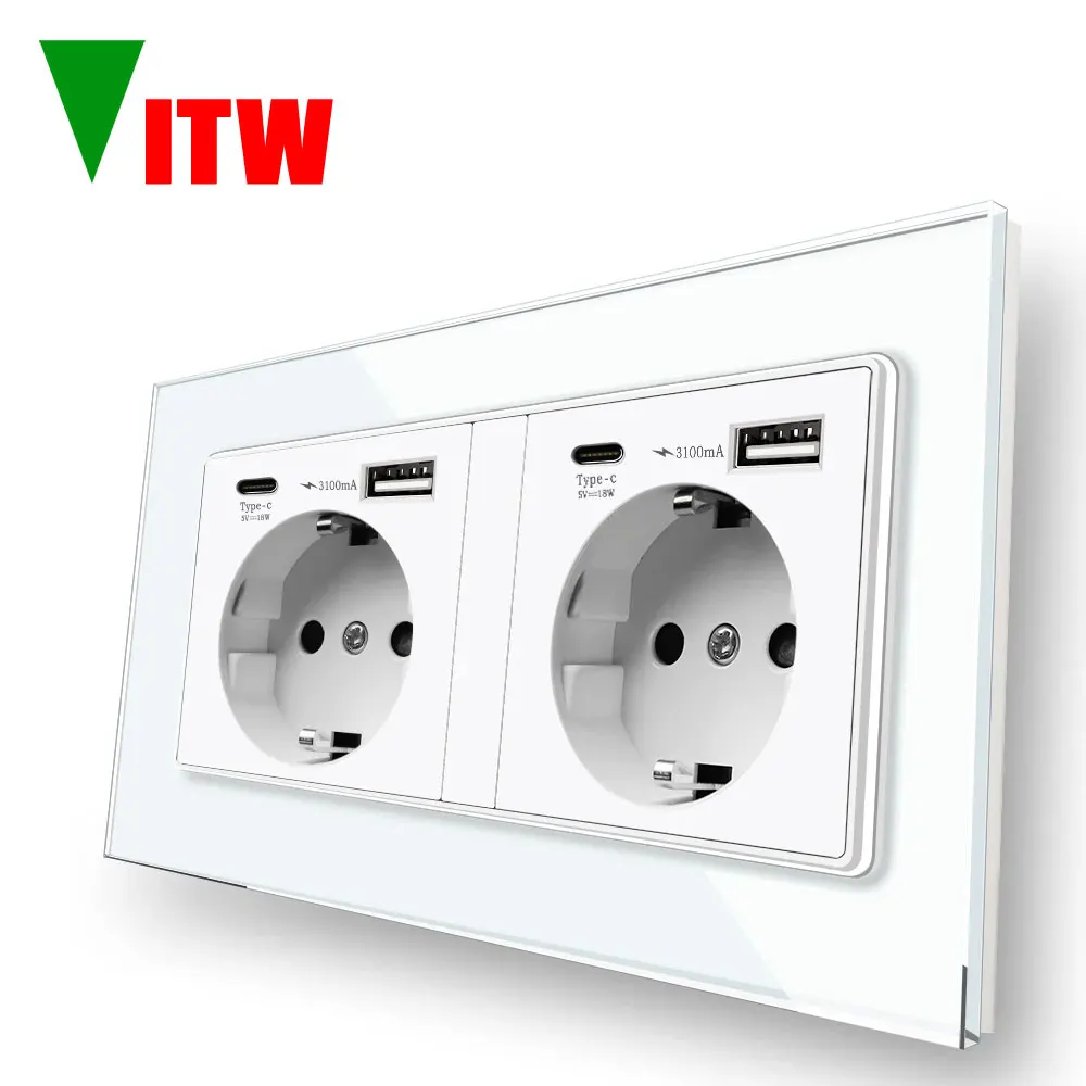 

Настенная розетка VITW EU 16A, встроенная в немецком стиле, панель из закаленного стекла 146*86 мм с USB-портом для быстрой зарядки 3,1 А