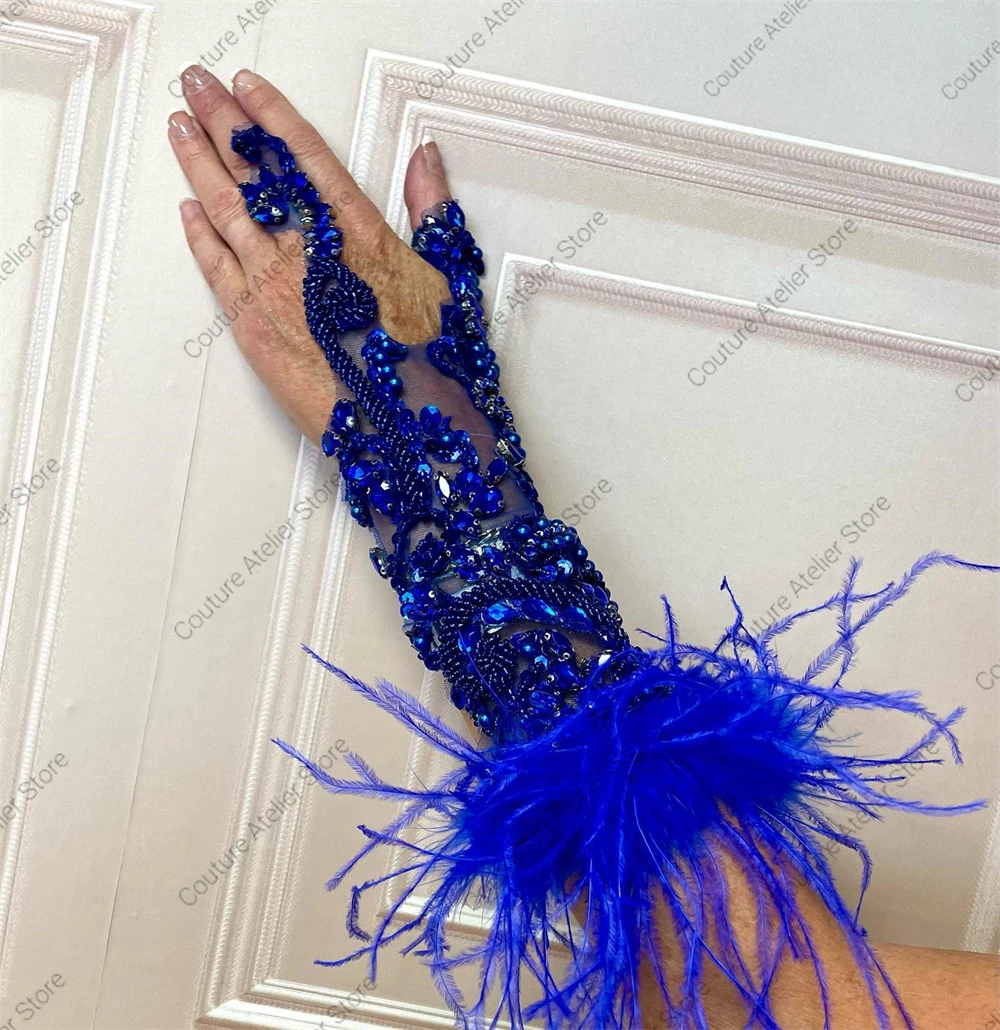 King Blue Feathers Birthday Prom Dresses 2024 Luxury Beaded Rhinestones With Gloves Black Girls Mini Cocktail Gowns Customized