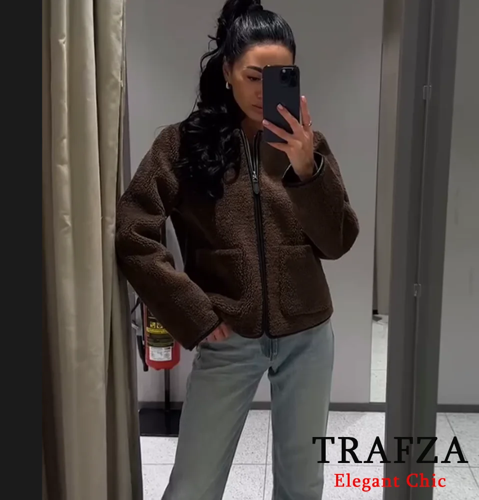 TRAFZA Women Vintage Fleece Jacket O-Neck Zipper Deep Brown Jacket New 2024 Fall Autumn Fashion Casual Fleece Jacket