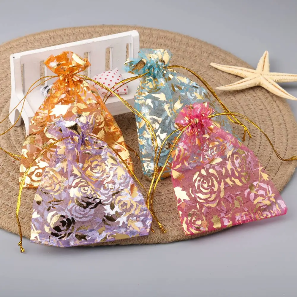 50pcs/lot Jewelry Bag Organza Gift Bag Hot Gold Color Rose Print Gifts Pouches Wedding Christmas Party Candy Jewelry Packing view 4