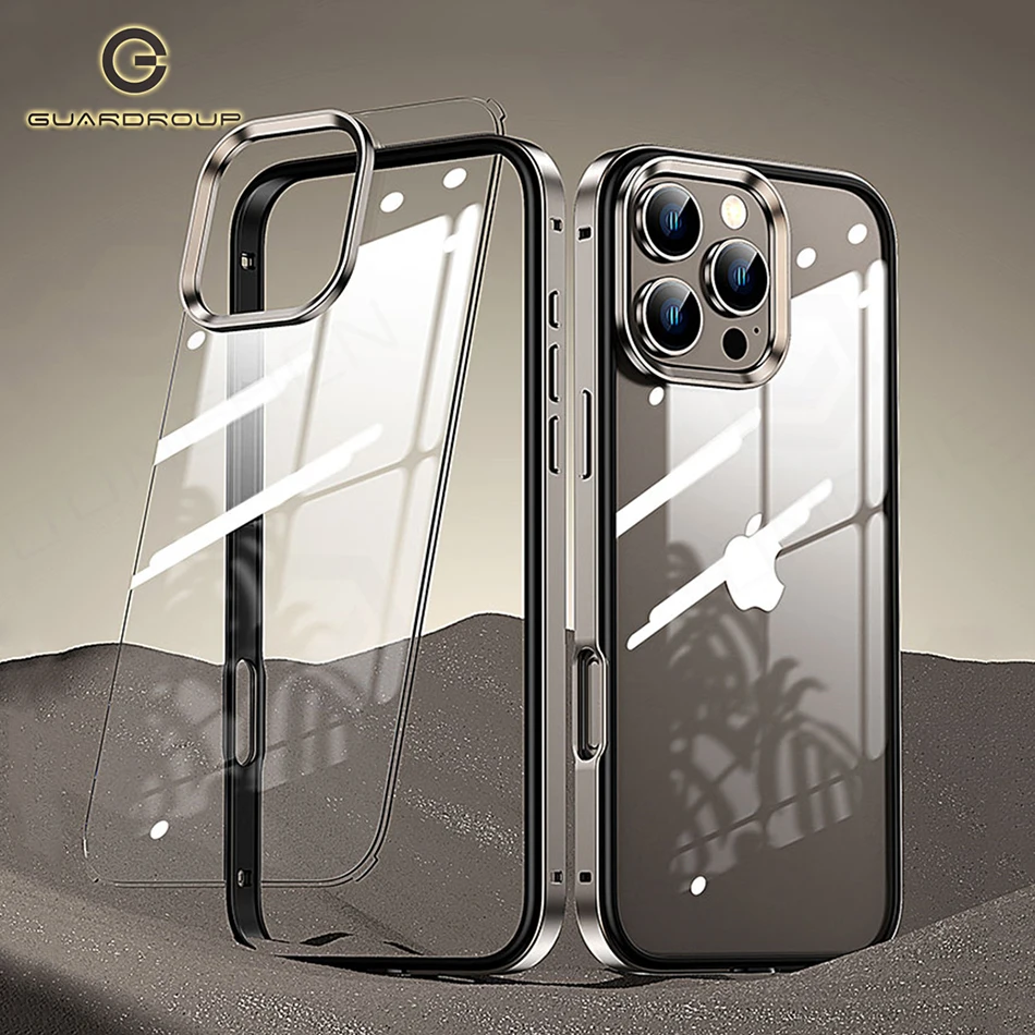 For iPhone 14 13 15 16 Pro Max 16pro Light Bumper Case 2 IN 1 Luxury Hybrid Aluminum Meatl Frame Clear Splitting Acrylic Cover