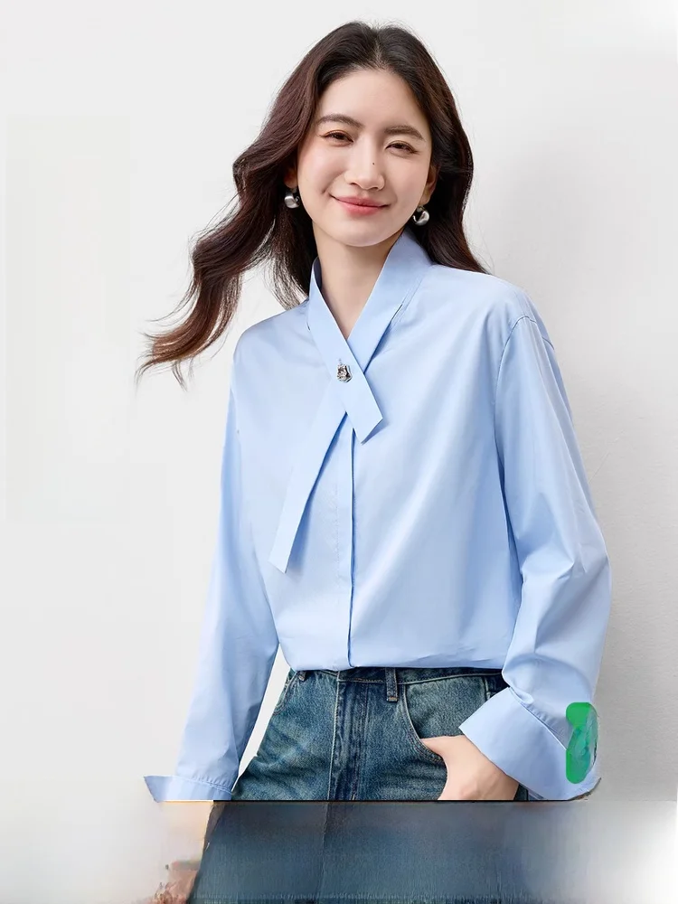 

Женская блузка-топ с воротником-стойкой и скрытыми пуговицами, весна 2026, новая коллекция, с эффектом драпировки на плечах