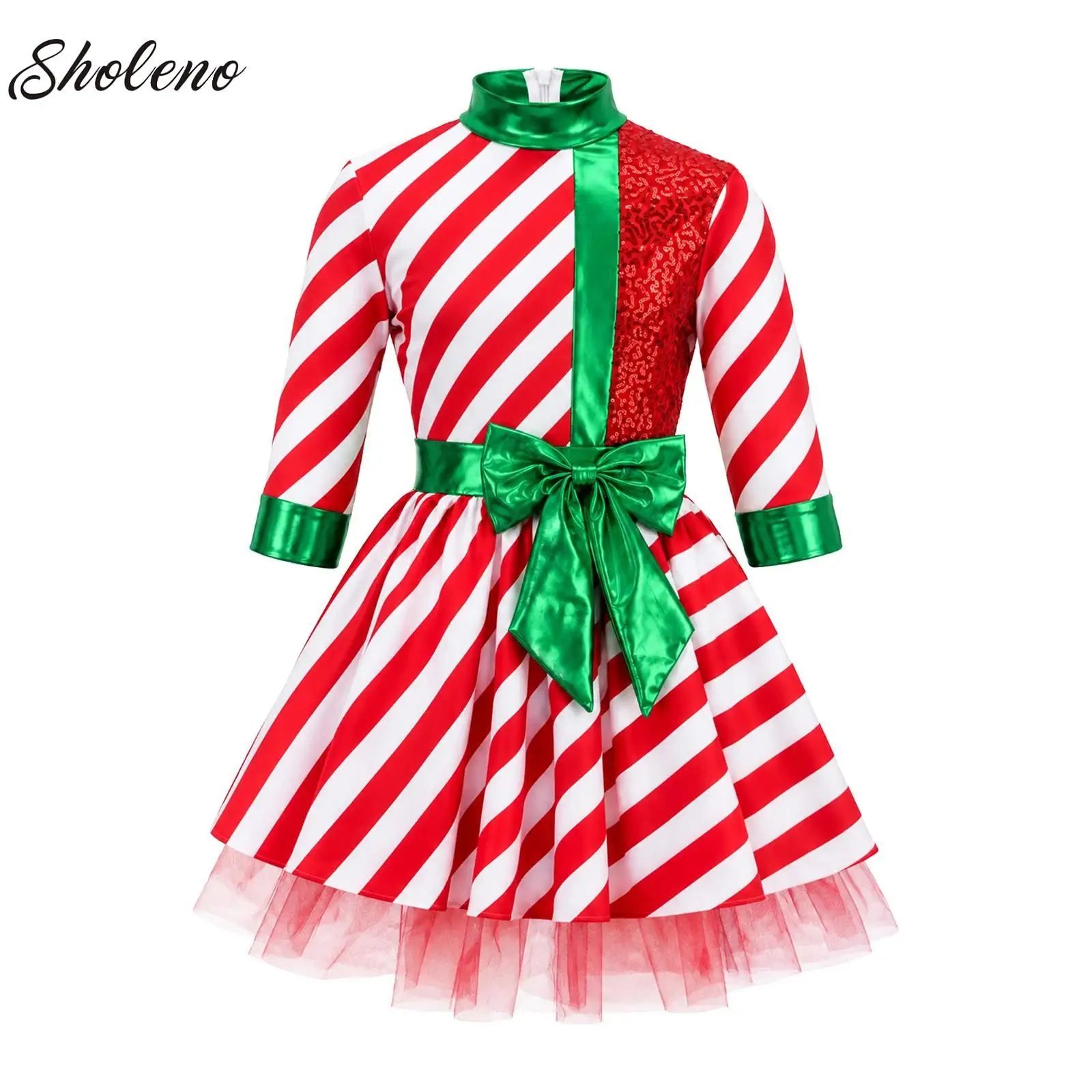 Kids Girls Figure Skating Dance Leotard Tutu Dress Ballet Dancewear Sequins Striped Christmas Candy Cane Mrs Santa Claus Costume
