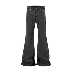 Streetwear Washed Water Wave Patterned Micro Flared Jeans for Men Straight Pantalones Hombre Casual Baggy Denim Trousers