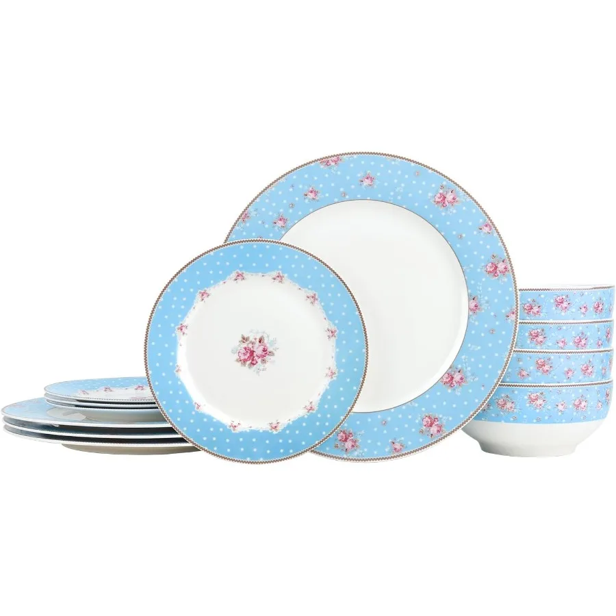 

12 Piece Blue Floral Dinnerware Set with Vintage Polka Dot Design for Home Dining and Party Use Microwave and Dishwasher Safe C