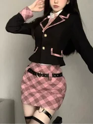 College Style Elegant Short Skirt Suit Women Jacket Long Sleeve Shirt High Waist Slim Plaid Set Korean Chic Pink Three Piece Set