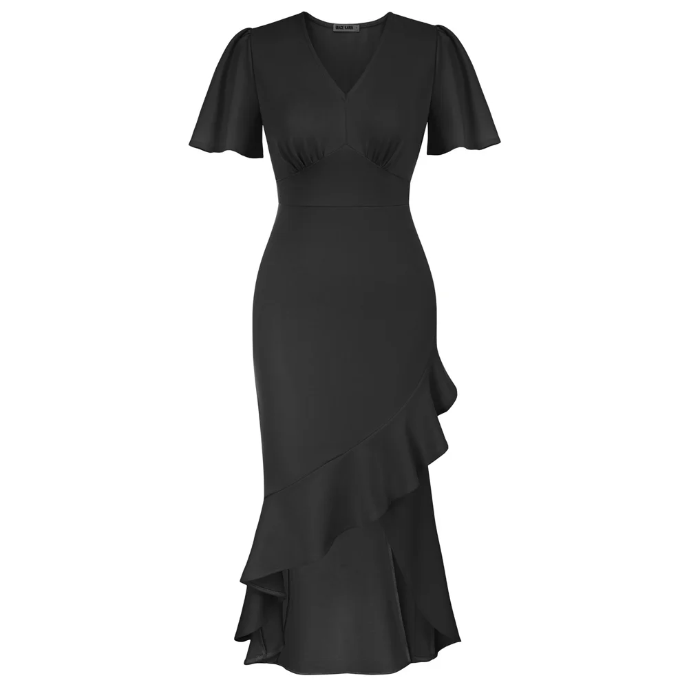 GRACE KARIN Elegant Ruffle Mermaid Formal Wedding Guest Dress Short Sleeve V-Neck Cocktail Maxi Dress For Women Evening Party A3