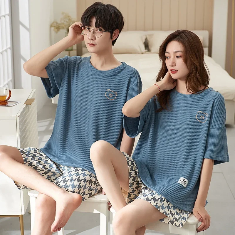 Couple Pajamas Cotton Sleepwear Pajama Sets Women Men Pajamas Nightwear Summer Short Sleeve Shorts Pajama Kawaii Clothes Korean