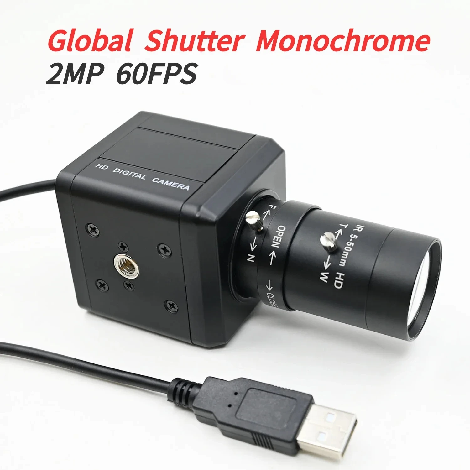 Câmera usb com obturador global de 2mp 60fps, monocromática, captura móvel de alta velocidade com lente cs 5-50mm 2.8-12mm, plug and play, 1600x1200