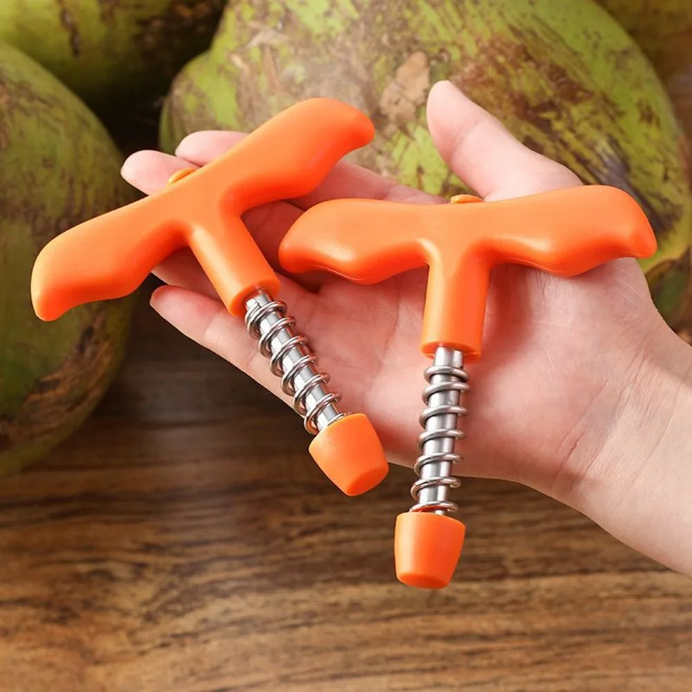 Stainless Steel Coconut Opener with Unclogging Stick Plastic Non-slip Handle Coconut Hole Puncher Spring Pressure Labor-saving