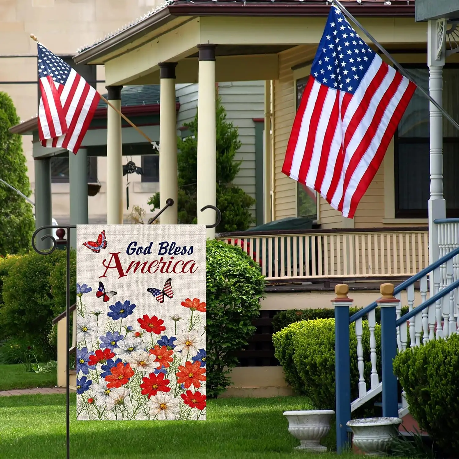 Texupday God Bless America Patriotic Red Blue White Daisy Floral Decoration Memorial Day Double Sided Burlap Garden Flag Rus SSL