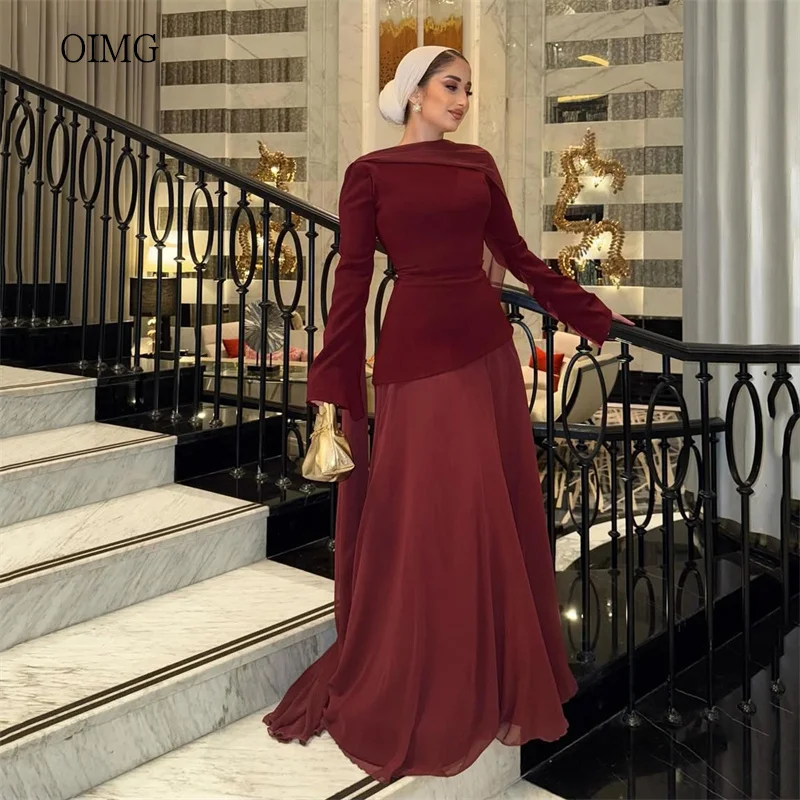 

OIMG Modest Burgundy A Line Prom Gowns Long Sleeves Eid Party Gown Floor Length Evening Dress فساتين سهرة Customized
