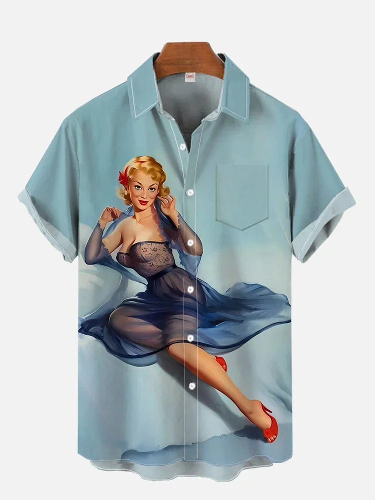 1980s Vintage Pin Up Girl Poster Sexy Girls Blonde Beauty 3D Prints Men\'s Short Sleeved Shirts For Men Fashion Hawaiian Shirts