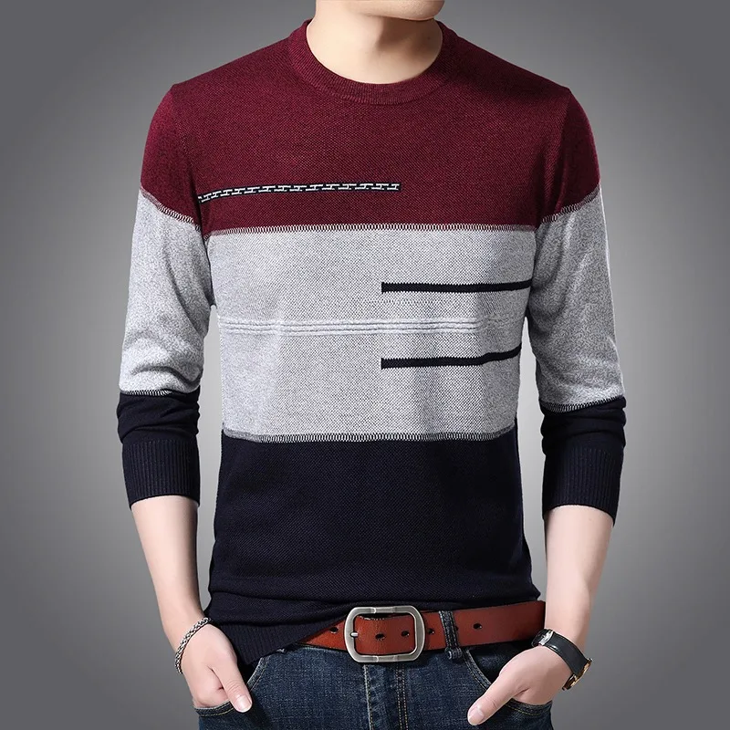 2024 Autumn Jacquard Sweater Men Fashion Casual Slim Fit Round Neck Knitted Pullover Business Bottom Tops Social Men Clothing