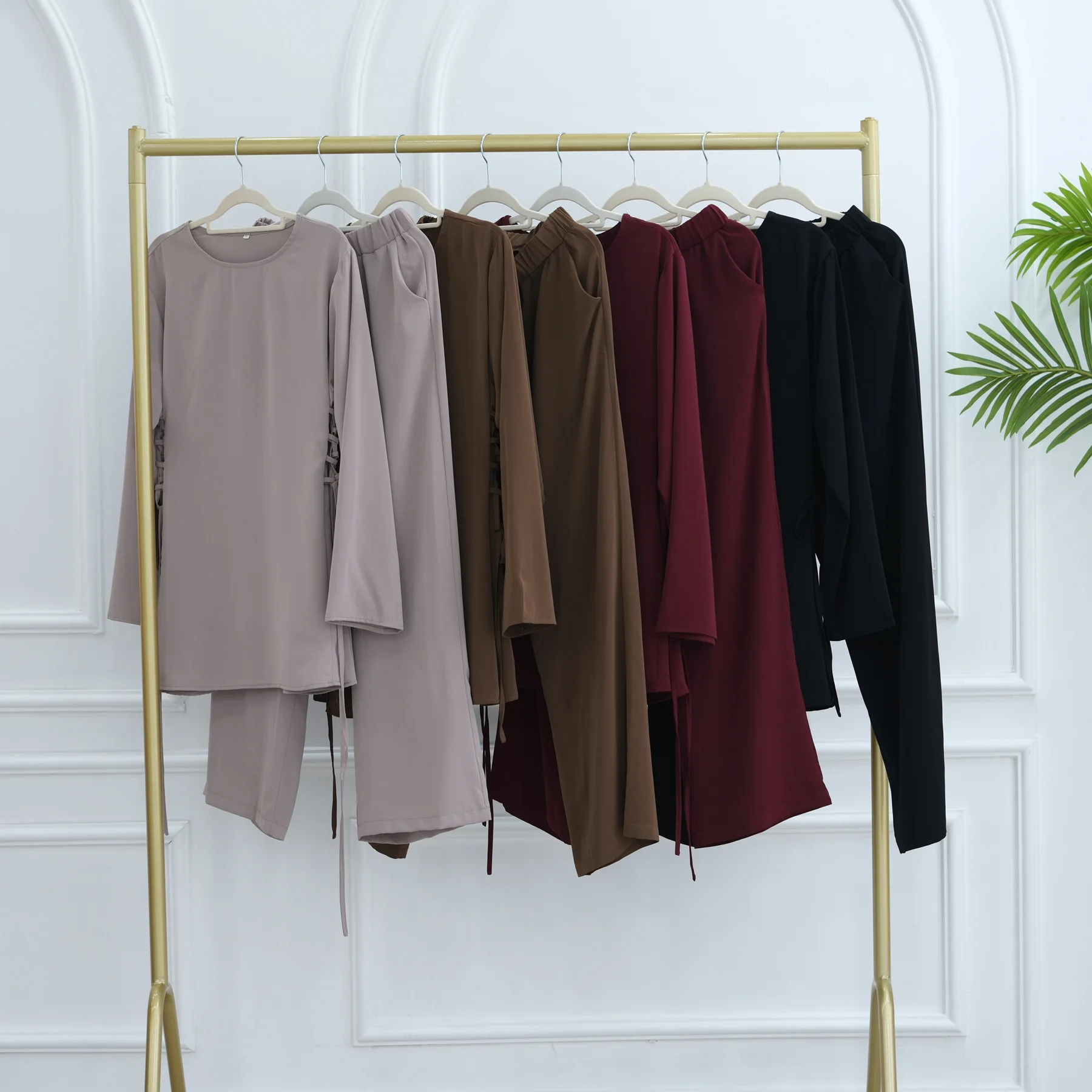 ชุดอีดสำหรับผู้หญิง ชุด 2 ชิ้น เสื้อผูกเชือกและกางเกง ดูไบ อบายา ตุรกี คาฟตัน ชุดมุสลิม ชุดสำหรับผู้หญิงมุสลิม