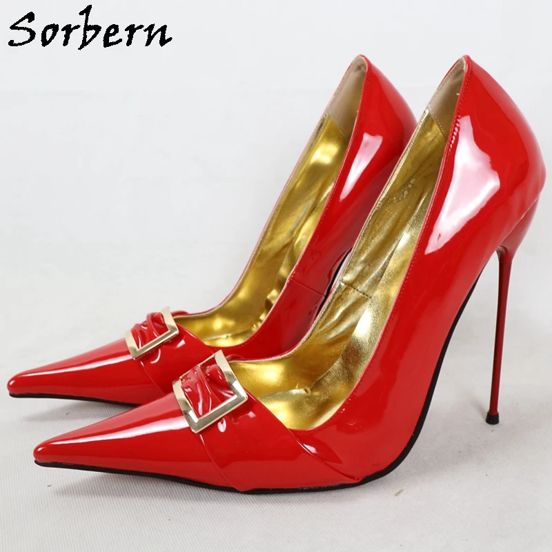 Sorbern Red Shiny Gold Metal High Heels Women Pump Buckles Pointed Toe 16Cm Stilettos Slip On Shoes Gold Lining Custom