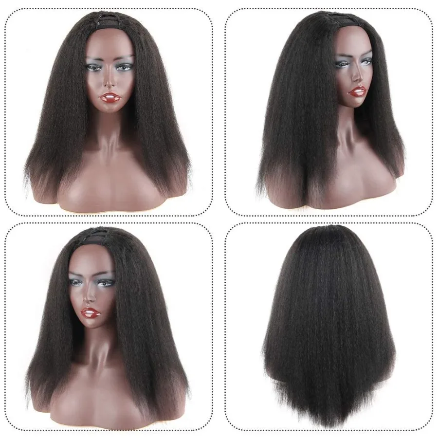 غريب مستقيم U جزء الباروكات للنساء السود الاصطناعية قصيرة ياكي مستقيم مجعد شعر مستعار أسود للشعر الطبيعي كامل رئيس U شكل واي فاي