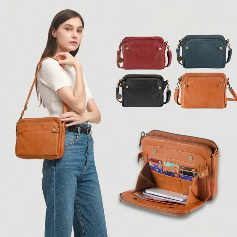 Hot Sale Women Crossbody Bags Three Layers Leather Shoulder Handbag Retro Fashion Purse Multi Pocket Female Clutch Bag