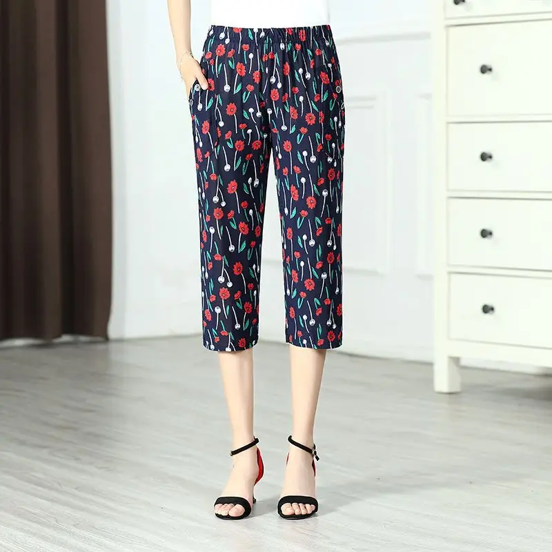 Calça casual floral estampada feminina, capris solta para mamãe, elástico grande na cintura, reto, de meia idade e idoso, verão, 2024