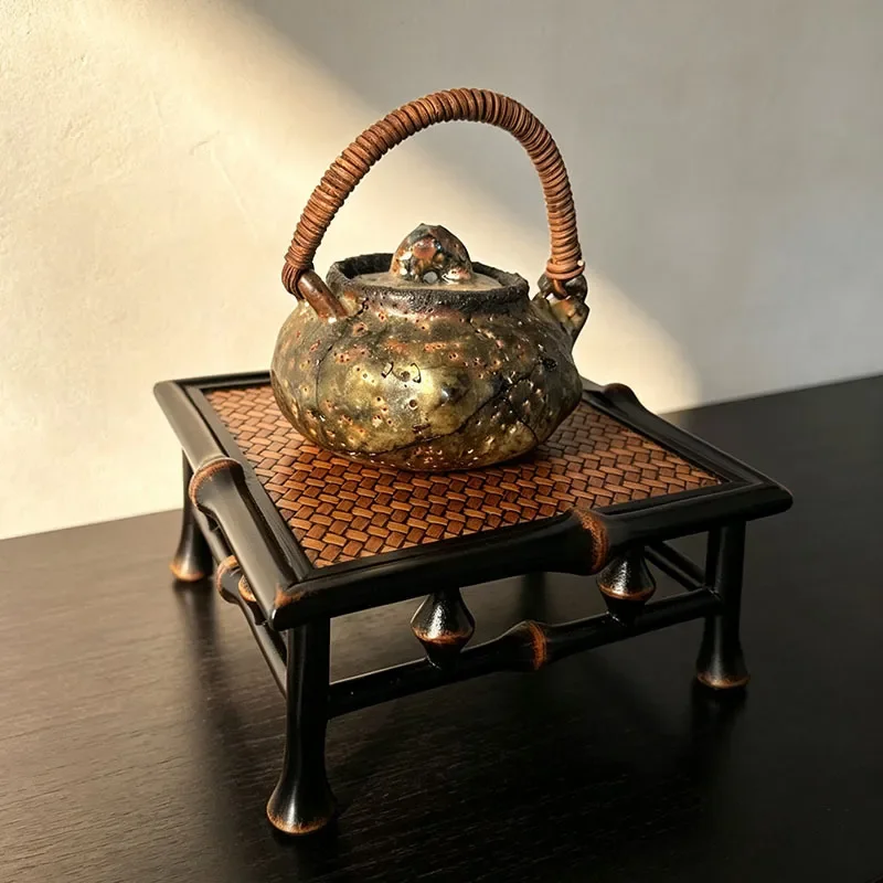 Handmade Bamboo Tea Set Holder Woven Pot Cup Stand Natural Orchid Rack Display Shelf Home Decor Storage Organizer Craft Gift