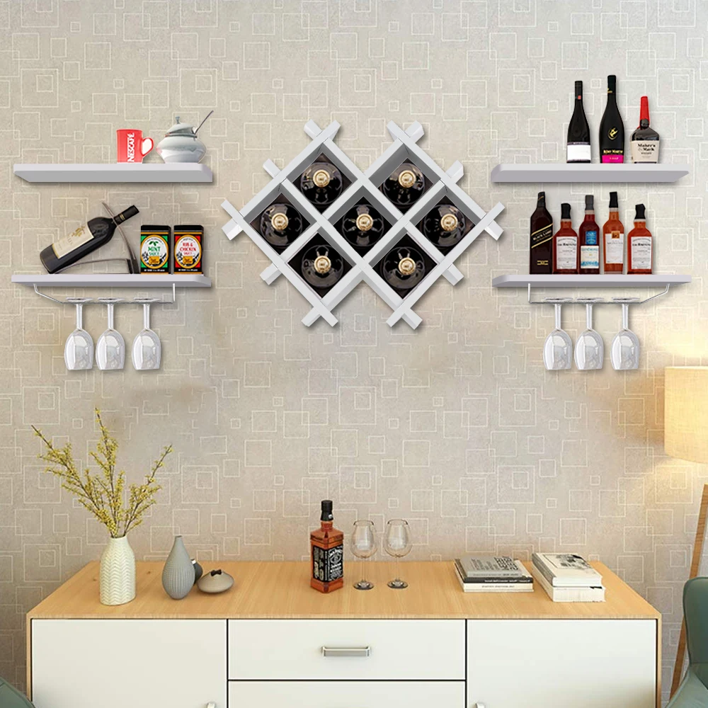 

LOYALHEARTDY Wall Mounted Wine Racks Shelves Wine Storage Display Rack Wooden Wine Bottle Shelf Set Wine Glass Holder White