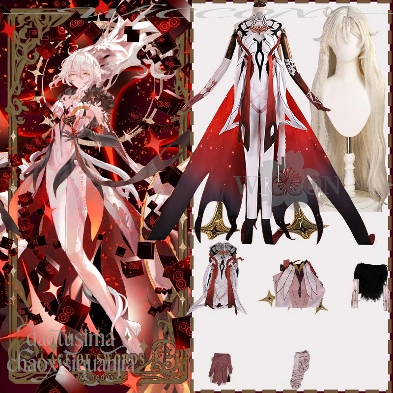 

Genshin Impact Asmoday Косплей Костюм Сексуальный красно-белый комбинезон с длинным хвостом Боевая форма Парик Набор f Хэллоуин Рождество Cos