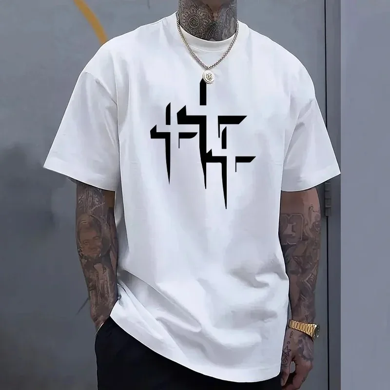 2026 New Arrival Men's T-shirt Black White Pure Color Short Sleeve Top Summer Male Daily Casual Fashion Cross Print Cotton Tees