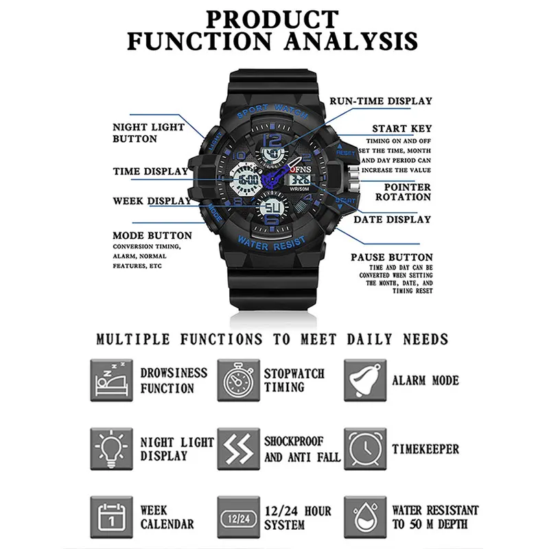 Men Outdoor Sport Watch Shockproof Waterproof LED Analog Digital Multifunction Big Dial Electronic Wristwatch G style Male Clock view 3
