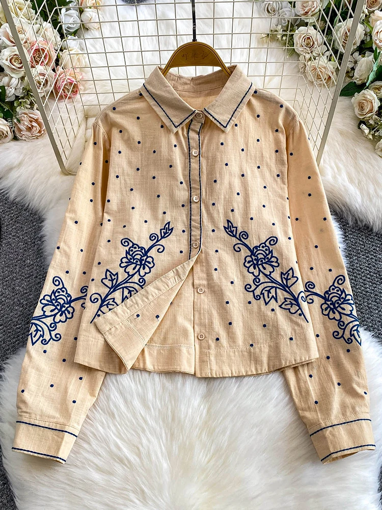 

Women's Autumn French Retro Shirt Artistic Style Color Blocked Embroidery Turn Down Collar Top Casual Blouse Female Top BL237