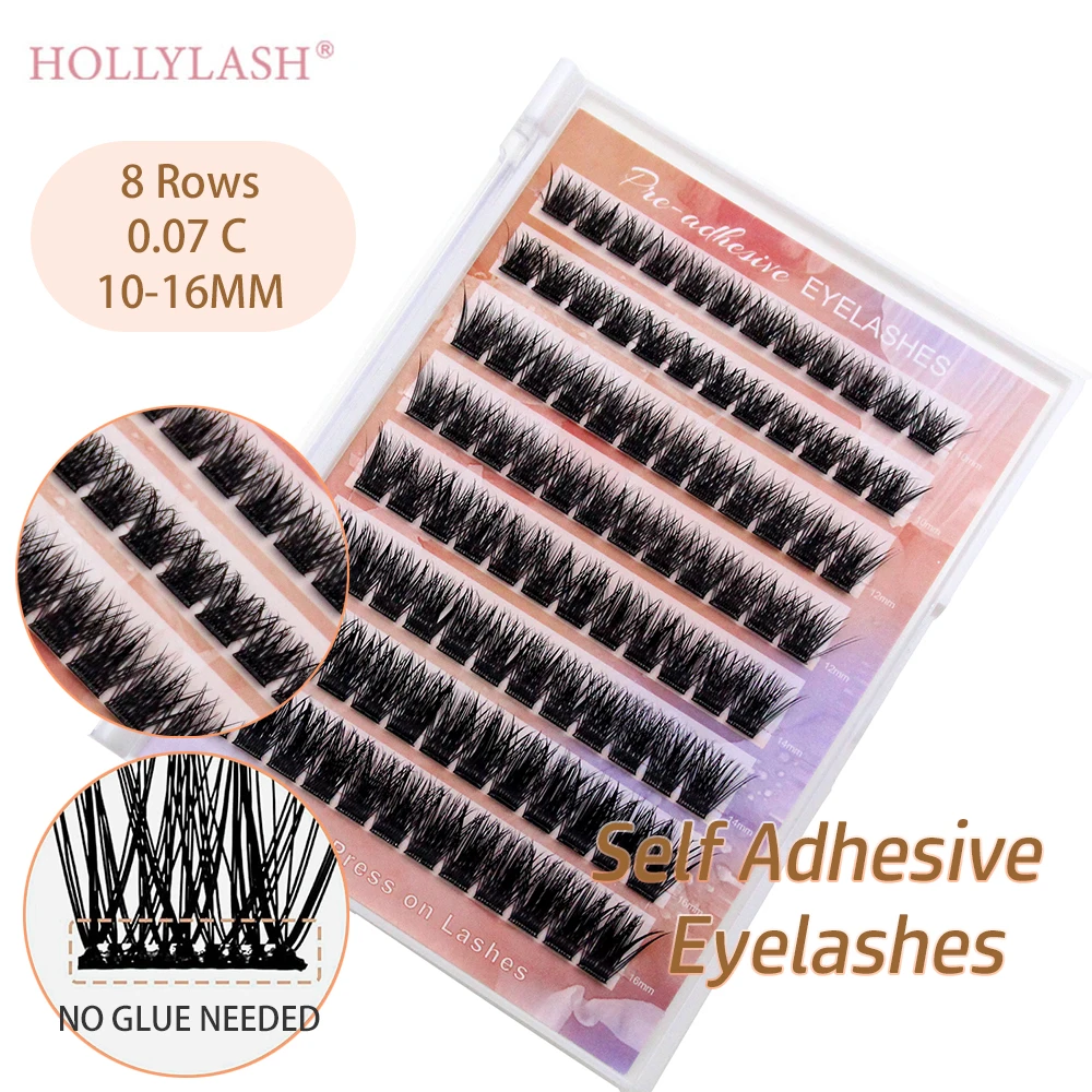 HOLLYLASH No Glue Needed Self Adhesive Cluster Lashes 0.07mm C Curl DIY Eyelash Extension Reusable Glue-free Individual Lashes