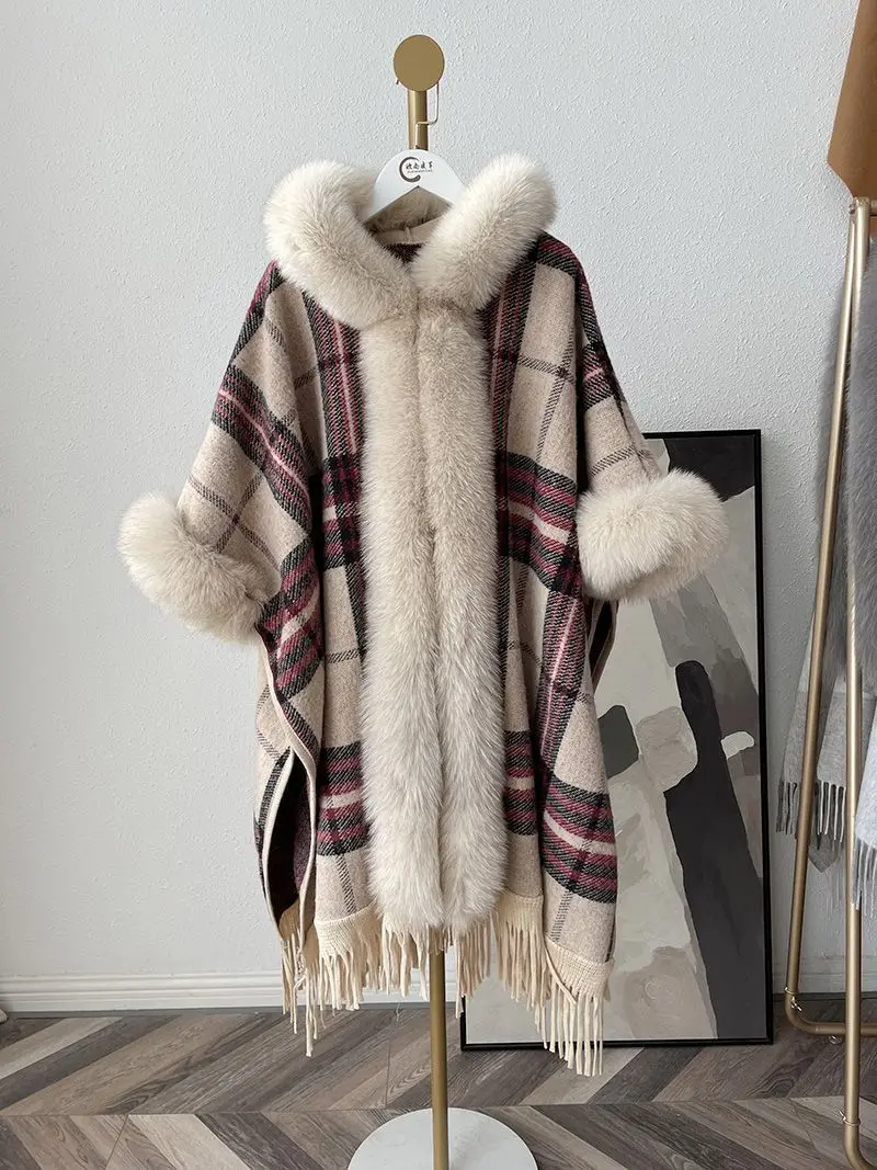 Elegant Fur Cape Women Winter Clothing Thick Warm Poncho Female Fashionable Cardigan Shawl Cloak Loose Fit Mid-length Coats T68