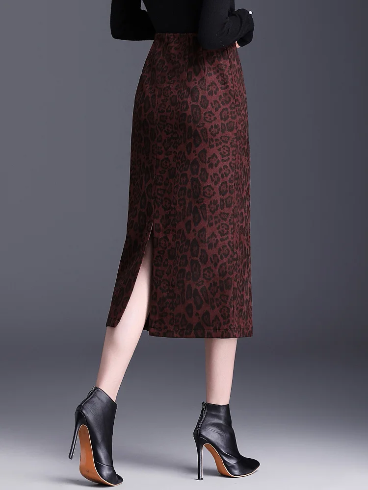 Autumn Winter Woolen Women'S  Red Coffee Leopard Skirts High Waist Ladies Package Hip S-3XL Mid-Long Sexy Pencil Skirt Female