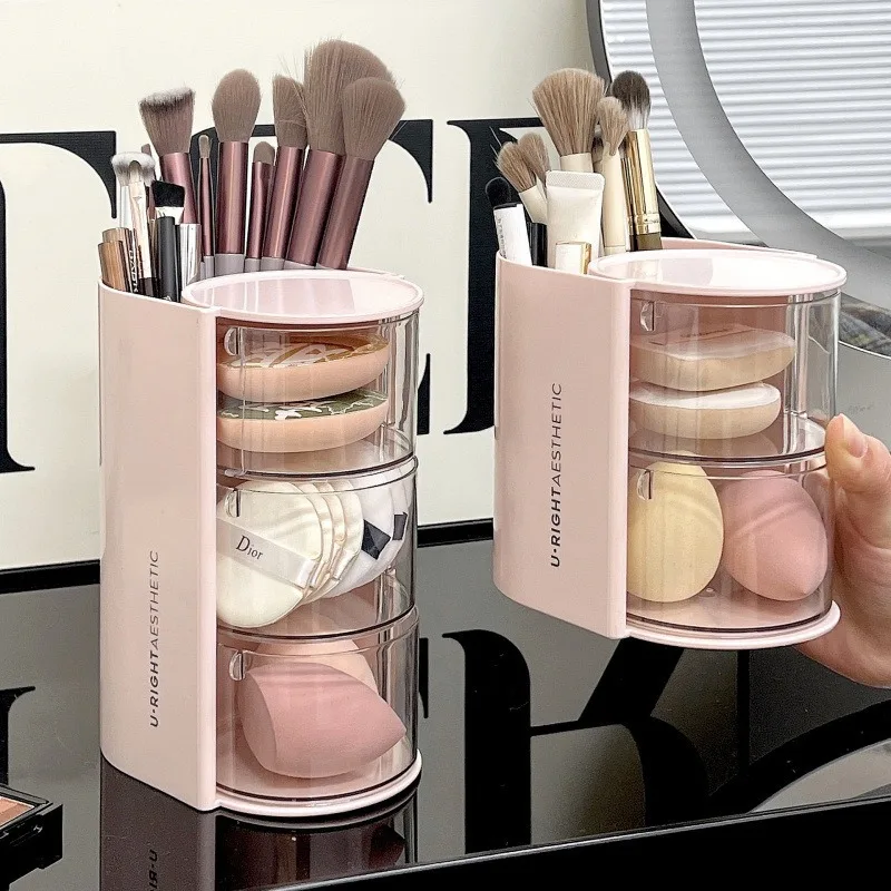 Makeup Puff Storage Box Rotating Dustproof Dressing Table Desktop Makeup Sponge Cushion Lipstick Brush Organizer Rack.