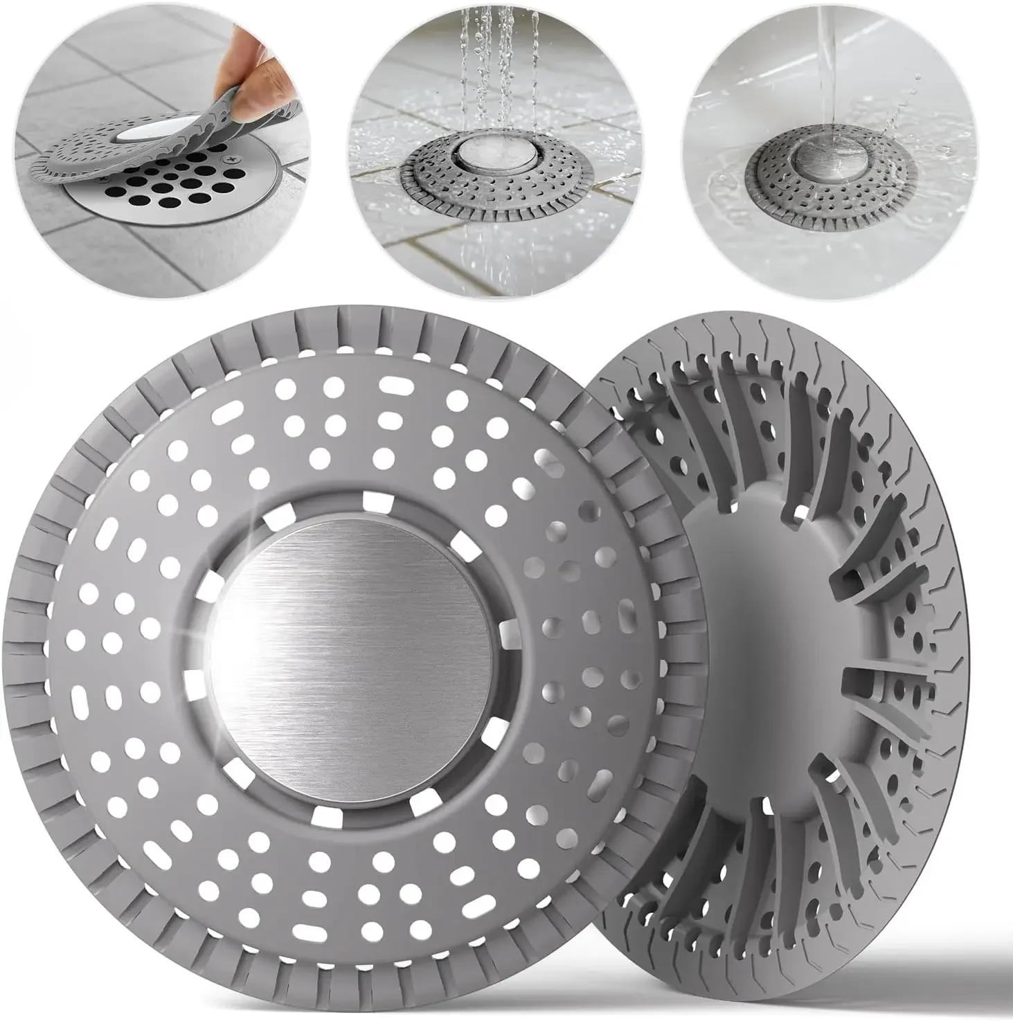 

Silicone Shower Drain Cover with Hair Catcher, 2-Pack for Bathroom Floor Drains, Stainless Steel Frame, Gray