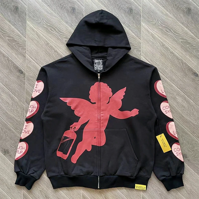 

That's A Awful Lot of Cough Syrup Red Angel Print Толстовка на молнии Черный зимний топ Ramos Женские классические пуловеры с рукавами и принтом сердца