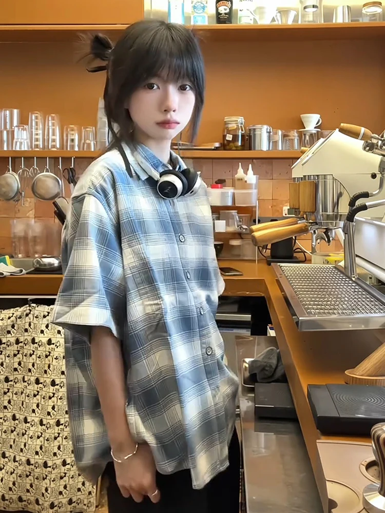 

Синяя клетчатая рубашка с коротким рукавом для мужчин, летняя, в американском ретро-стиле, для ношения под одеждой, для многослойных образов, парный открытый кардиган, верхняя одежда