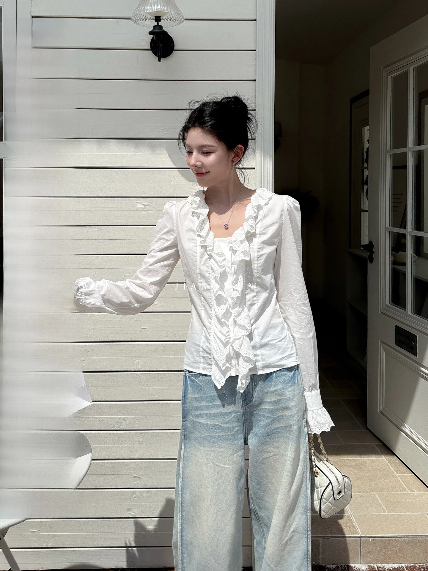 

White Long Sve Women's irt Gentle Wind Flared Sve Cotton French Sle Belted No ket Anti Wind Daily Wear Button Cl...