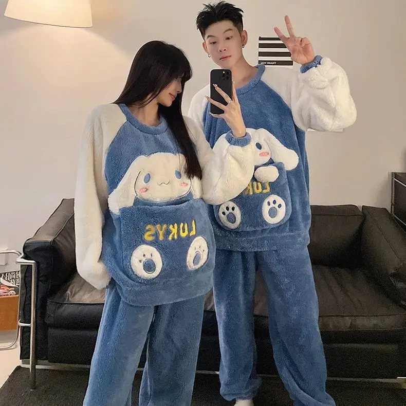 Cartoon Sanrios Cinnamoroll Pajamas Women Men Thickened Coral Velvet Anime Kuromi Autumn Winter Couple Warm Soft Home Clothes