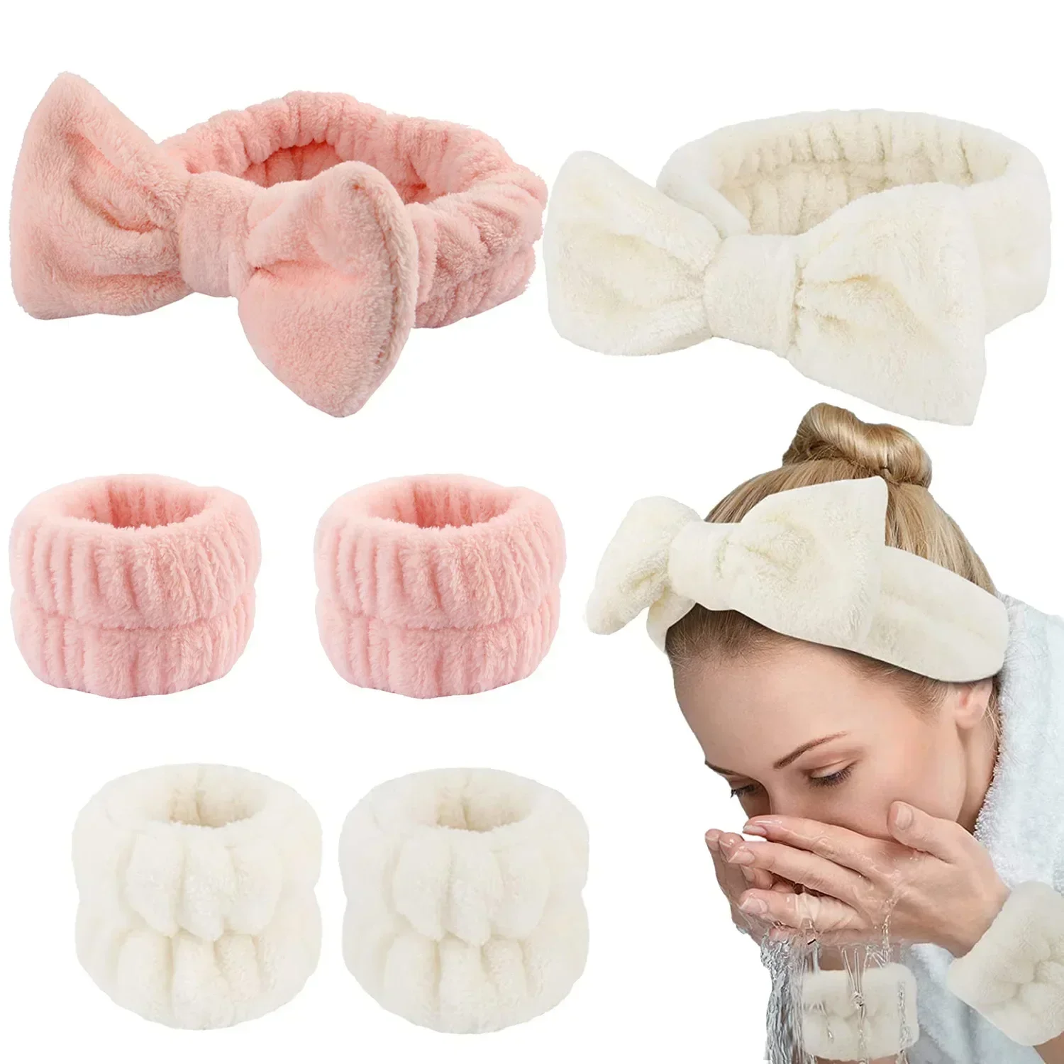 Wash Face Headbands For Women Coral Fleece Hair Bands Cuff Waterproof Bands Absorbent Wristbands Head Band Hair Accessories Set