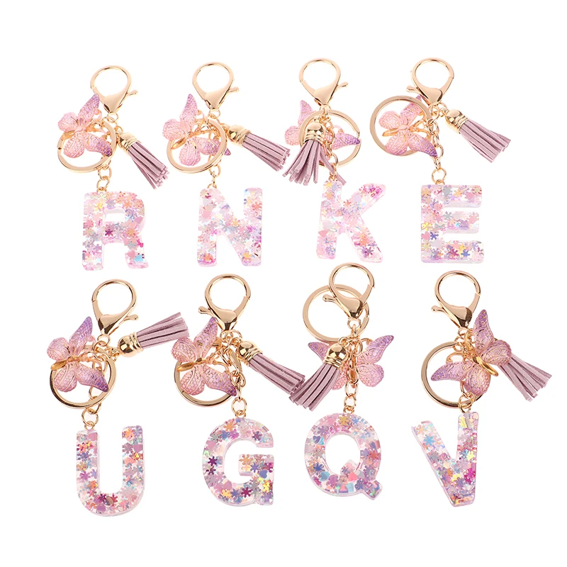 

Dreamy Sequin Letters Keychain For Women A-Z Tassel Butterfly Pendant Initial Keyring Purse Suspension Bags Charms Car Key Chain