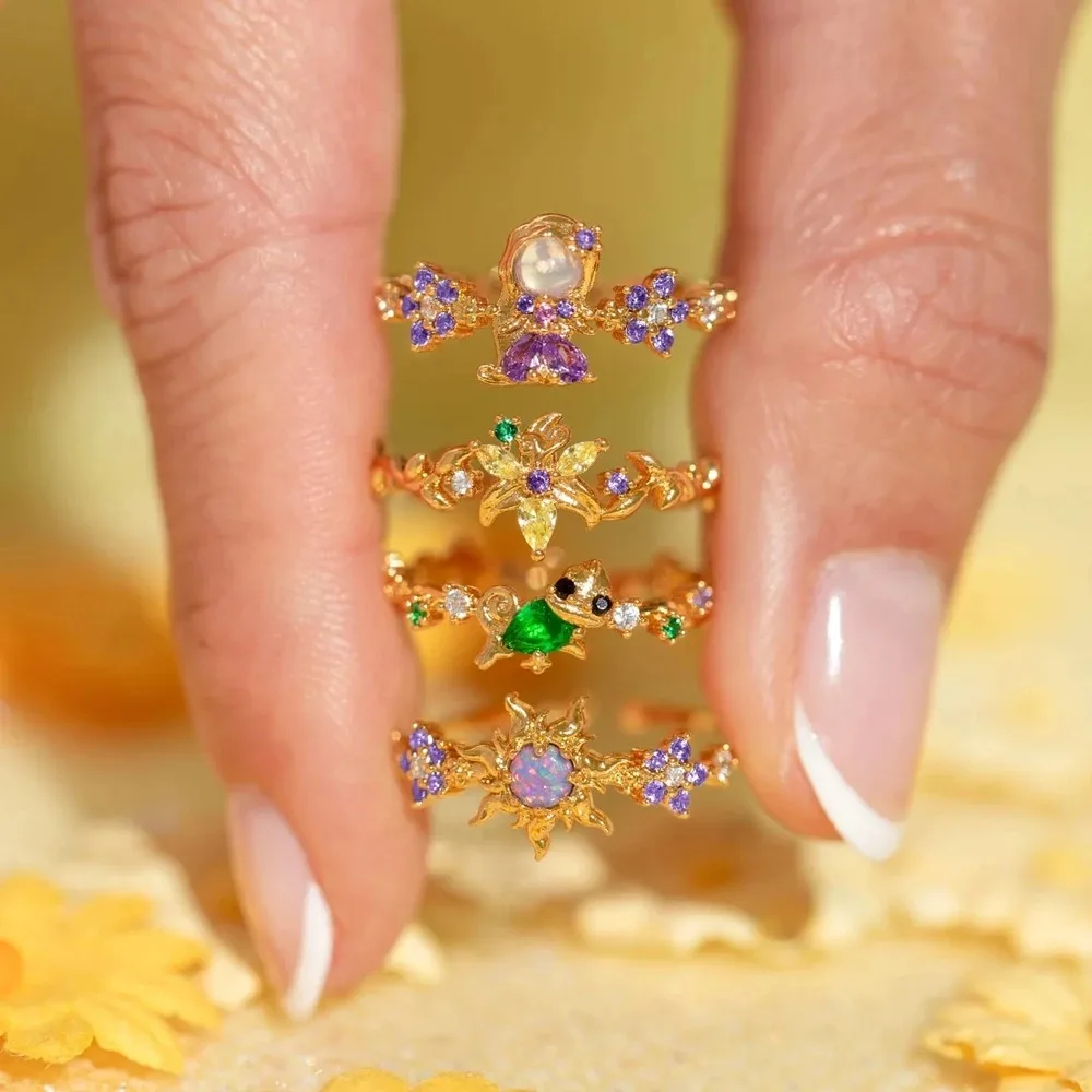 Neuer süßer, farbenfroher Zirkon-Prinzessinnenring für Damen und Mädchen, modischer Vintage-Herz-Zirkon-Tierring, verstellbarer Schmuckring, Geschenk.