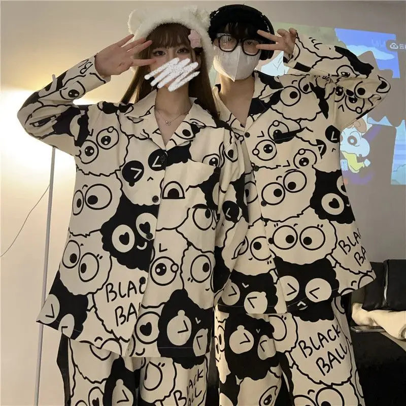 Sleepwear Korean Couples Pajamas Spring and Autumn Women\'s Pajamas Long-sleeved Trousers Cartoon Homewear V-neck Pajama Sets