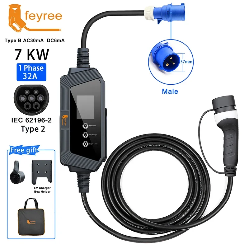 feyree Smart Portable EV charger Type2 Cable 32A 7KW Fast Charging for Electric Car with Adjusting Current Setting Charging Time