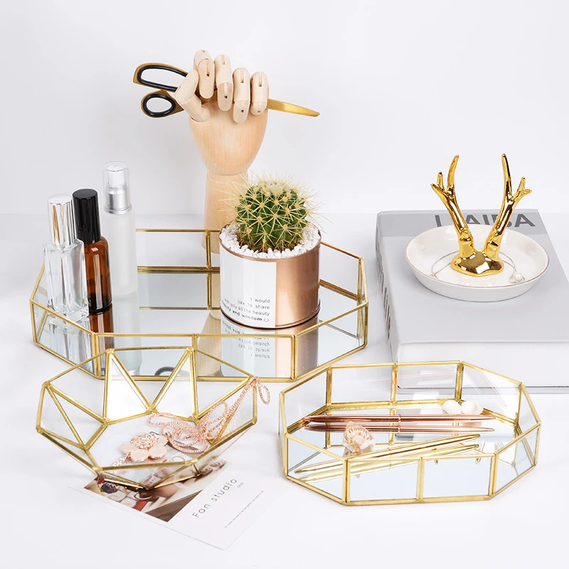 Nordic Ins Glass Inlaid Storage Tray Gold Retro Polygonal Mirror Surface Tray Desktop Cosmetic Tray Miscellaneous Storage Tray