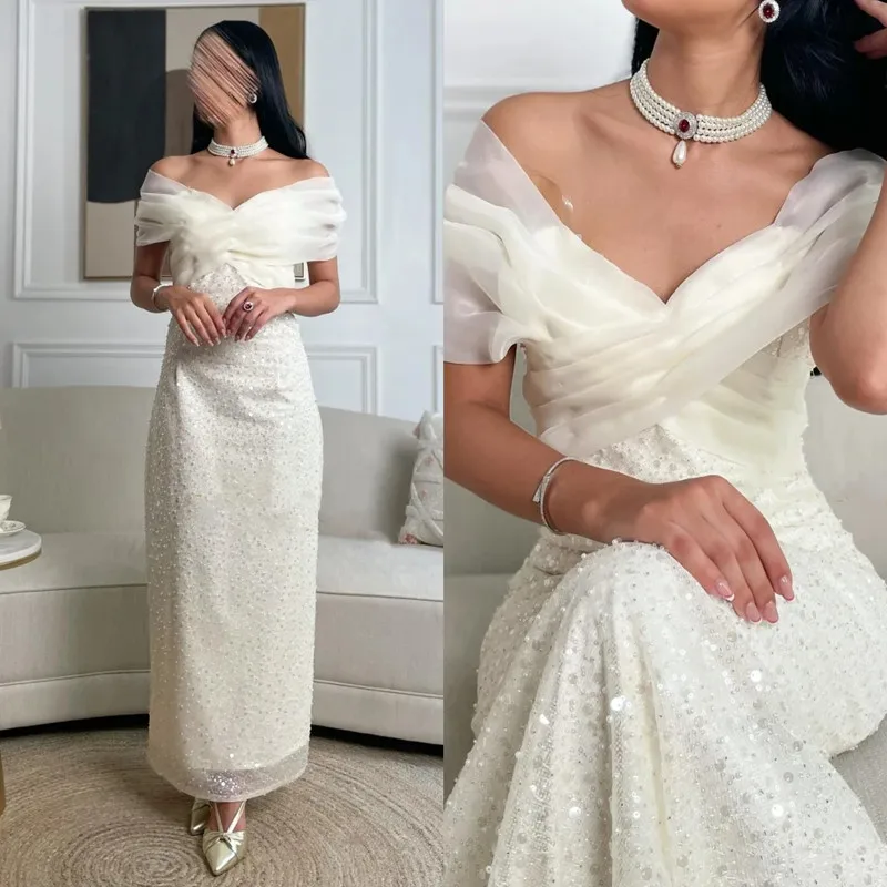 Elegantes, gerades Abendkleid aus Tüll mit V-Ausschnitt, schulterfrei, Abendkleid, mit Perlen verziert, mit Pailletten besetzt, knöchellang, Partykleid, individuell gestaltet